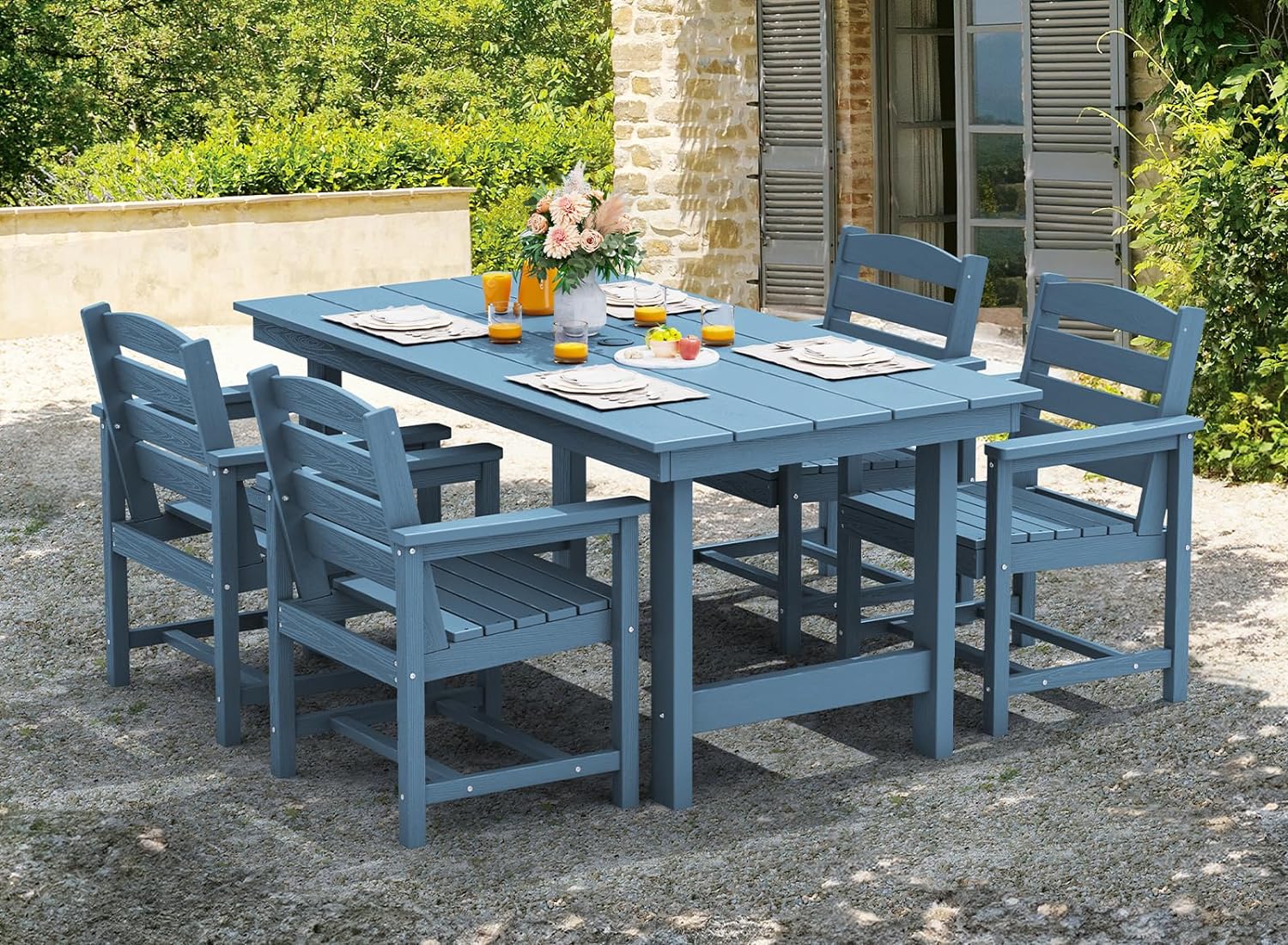 SERWALL 7-Piece Patio Table Set, Outdoor HDPE Dining Furniture with Umbrella Hole, All Weather Table and Chairs for Lawn, Garden, Poolside, Aruba