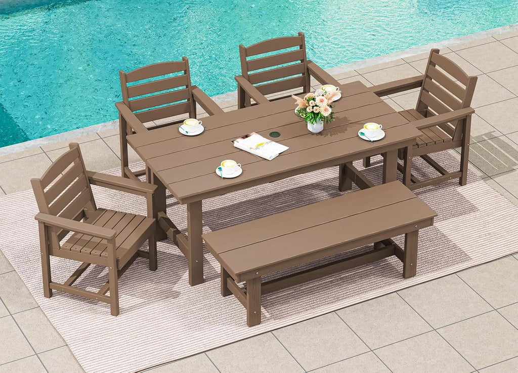 SERWALL 7-Piece Patio Table Set, Outdoor HDPE Dining Furniture with Umbrella Hole, All Weather Table and Chairs for Lawn, Garden, Poolside, Aruba