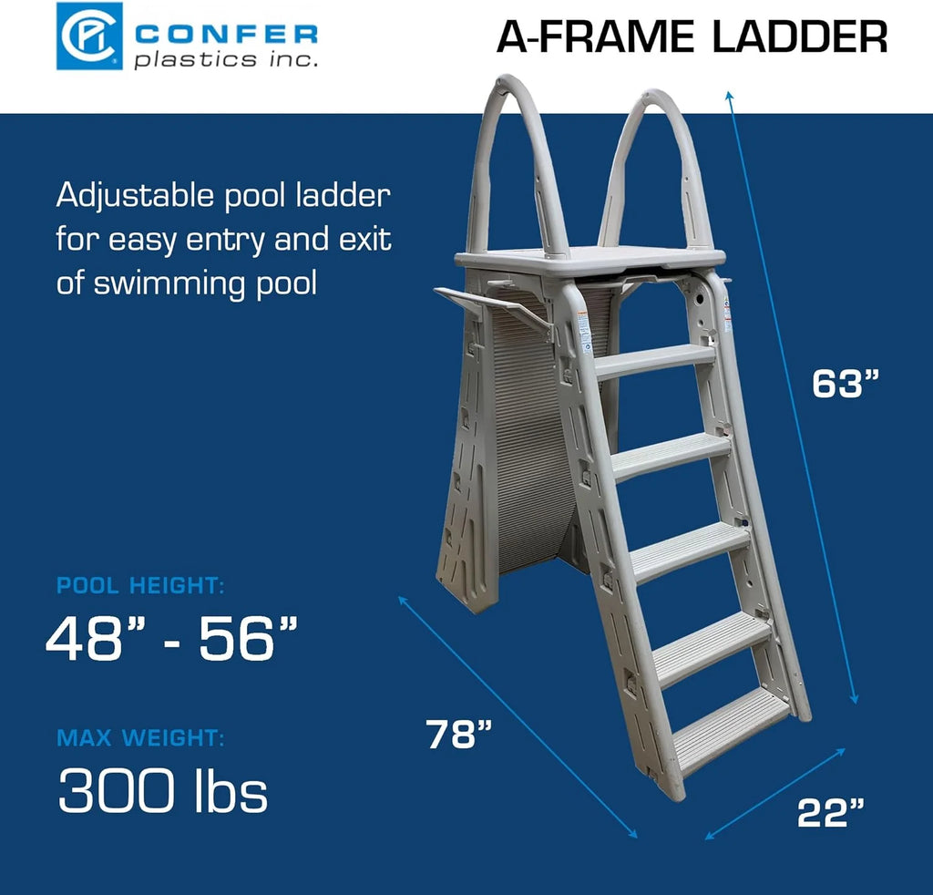 Confer Plastics 7200 Roll Guard 48 to 56 Adjustable A Frame Safety Ladder For Above Ground Outdoor Patio Swimming Pool Platform Ladder with Step Barrier, Warm Grey