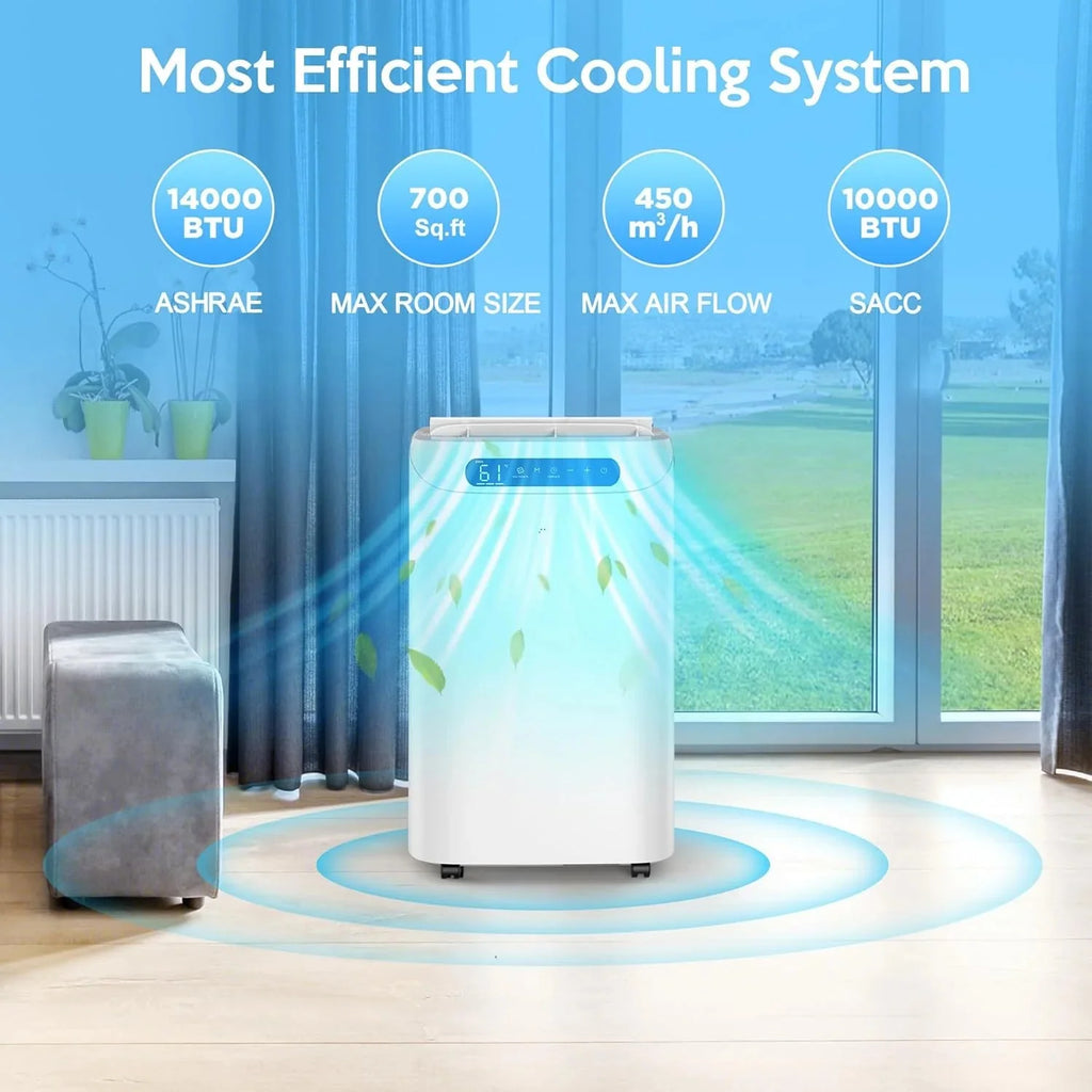 Portable Air Conditioners 14000Btu with Remote Control, 3-in-1 Free Stand Smart Cooling AC Unit with Dehumidifier, Fan, Cools Room up to 700 sq.ft, Auto Swing,24H Timer, Windows Kit Included