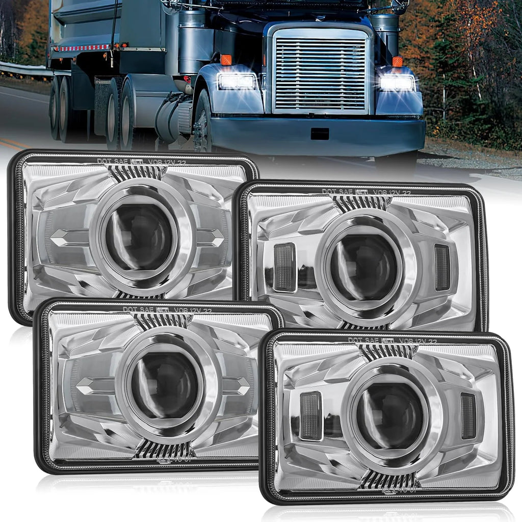 4x6 Led Headlights 60W DOT Approved Hi/Lo Sealed Beam Rectangular headlights Replacement H4651 H4652 H4656 H4666 H6545 Compatible Kenworth Peter Bill Ford Freighter (silver, 4PCS)