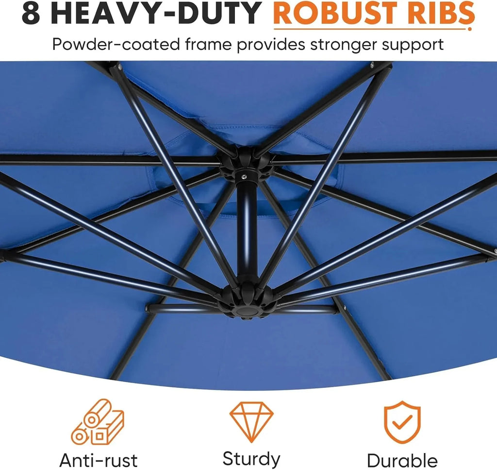 9.8FT Offset Patio Umbrella Hanging Cantilever Umbrella Outdoor Sun Shade with Easy Tilt Adjustment, 8 Ribs, UV Protection for Backyard, Lawn, Garden and Pool, Blue