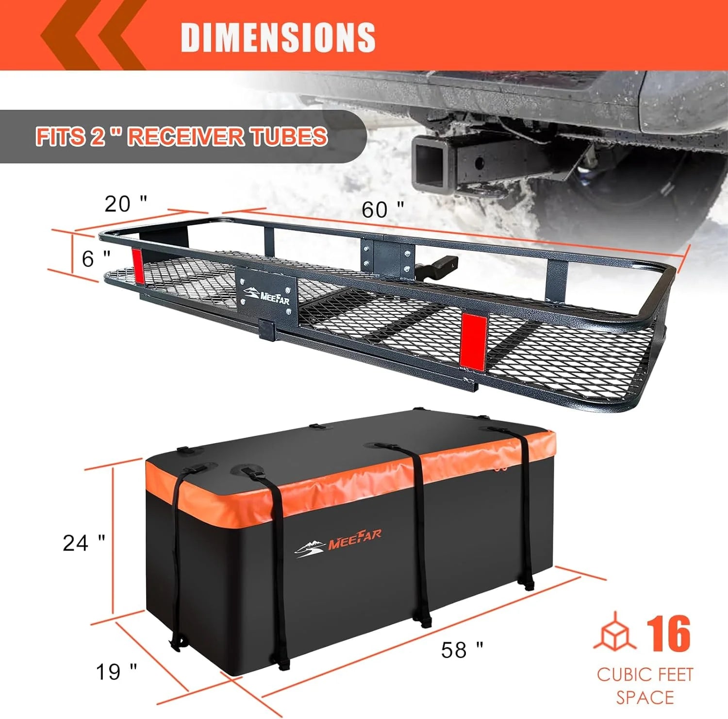 Folding hitch mounted cargo basket 60 With hook stabilizer, net and straps