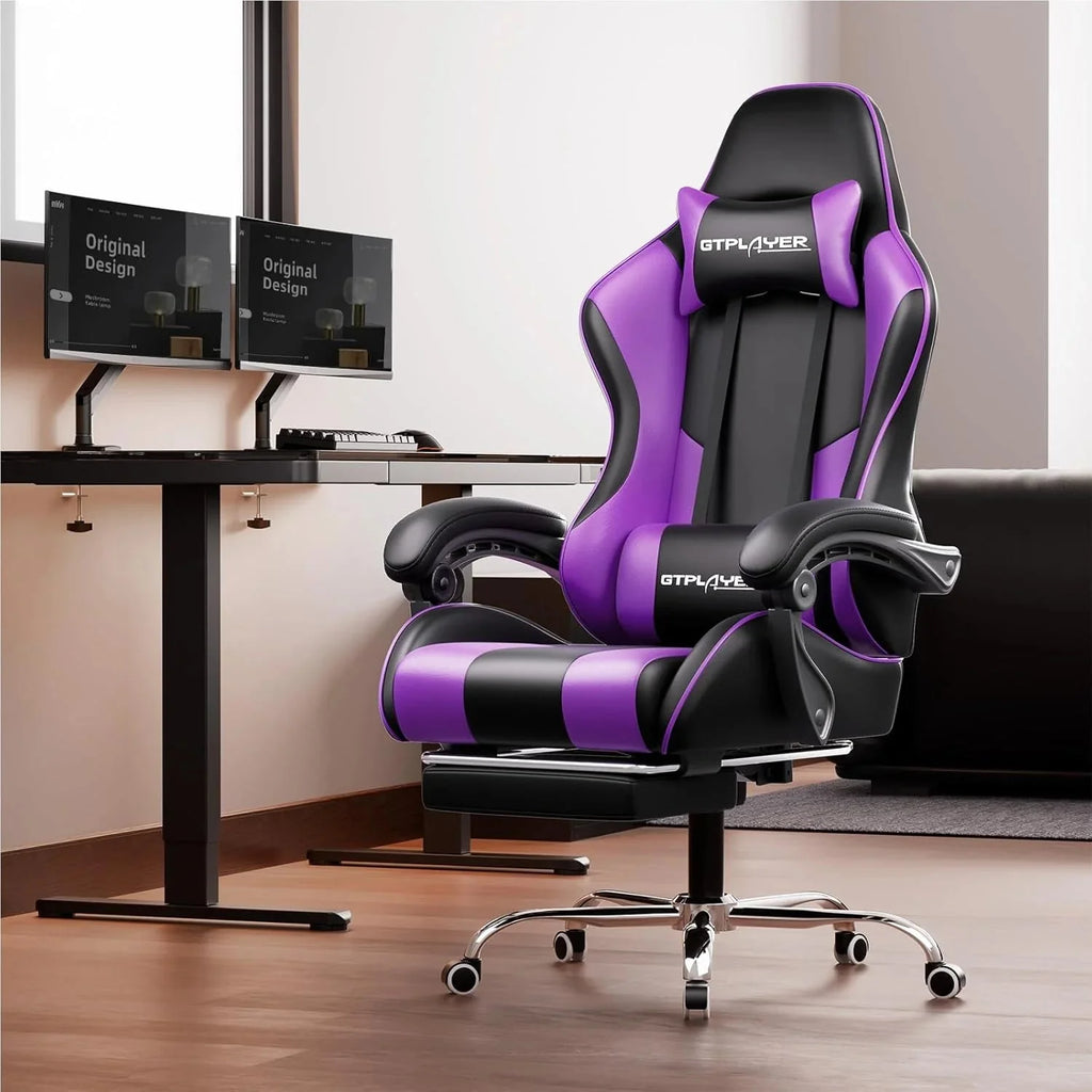 GTPLAYER Gaming Chair with Footrest and Lumbar Support Ergonomic Computer Chair with Headrest, 360 Swivel, Height Adjustable, White
