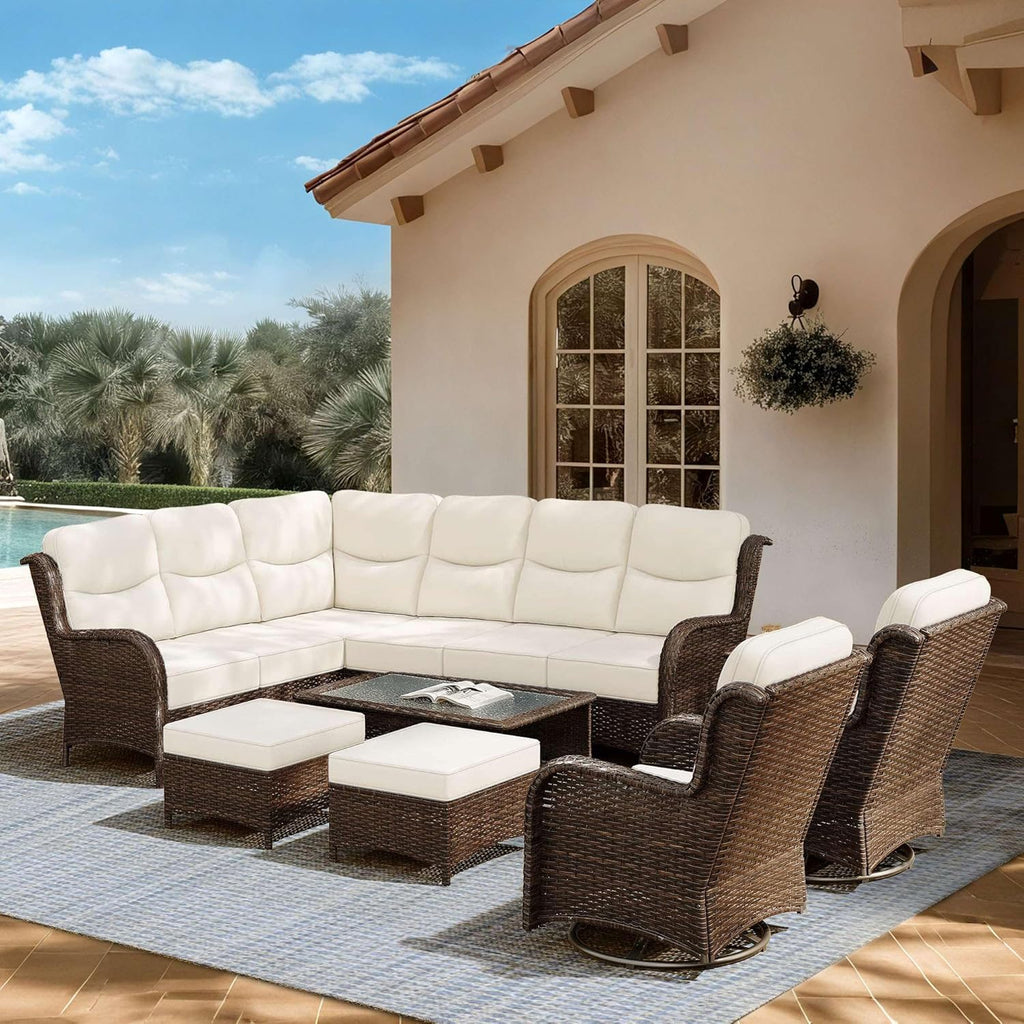 Outdoor Swivel Rocker Patio Chairs with 6-Inch Thick Cushions and Side Table, 3PCS High Back Wicker Patio Furniture Set for Porch, Balcony, Deck and Yard in Blue
