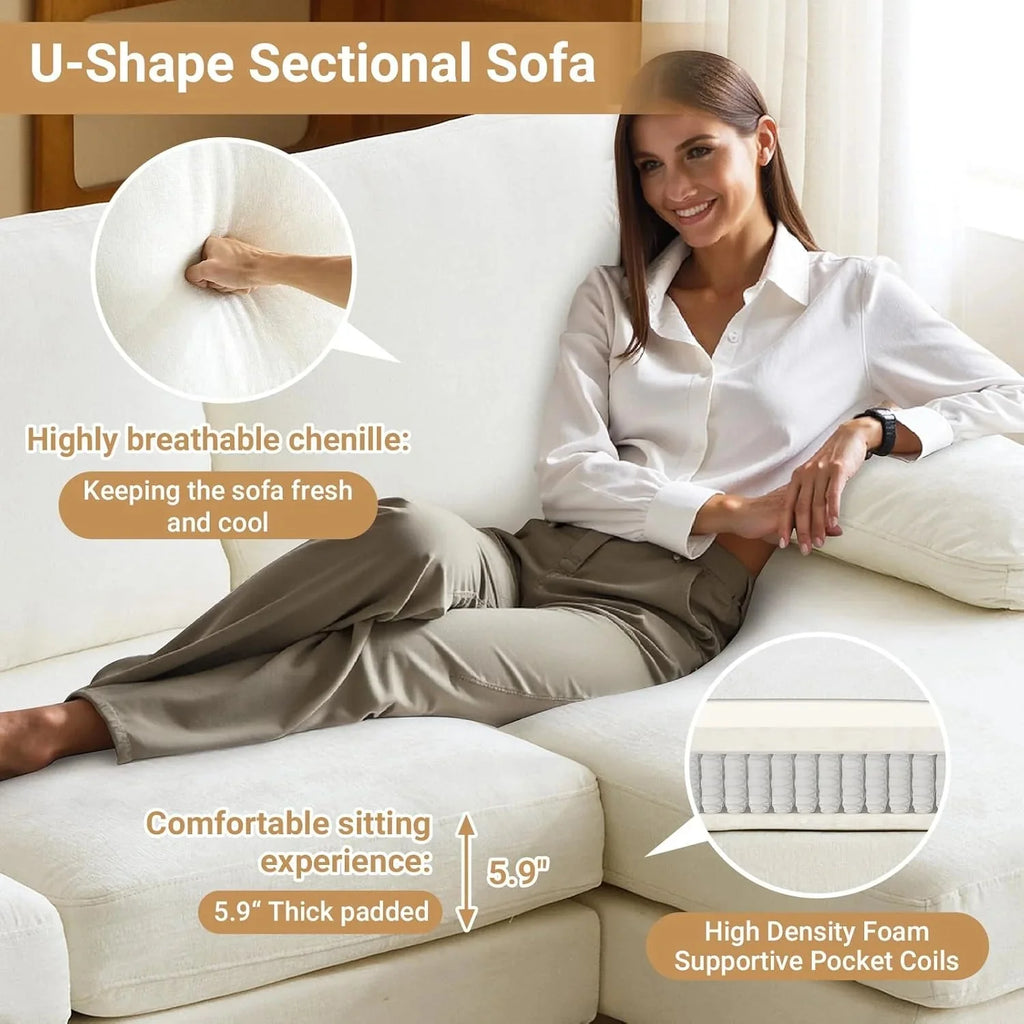 VINGLI 110 Sectional Couches for Living Room,U Shaped Couch with Double Chaise, 4-Seat Sofa Set with Chenille Fabric for Home Furniture,Beige