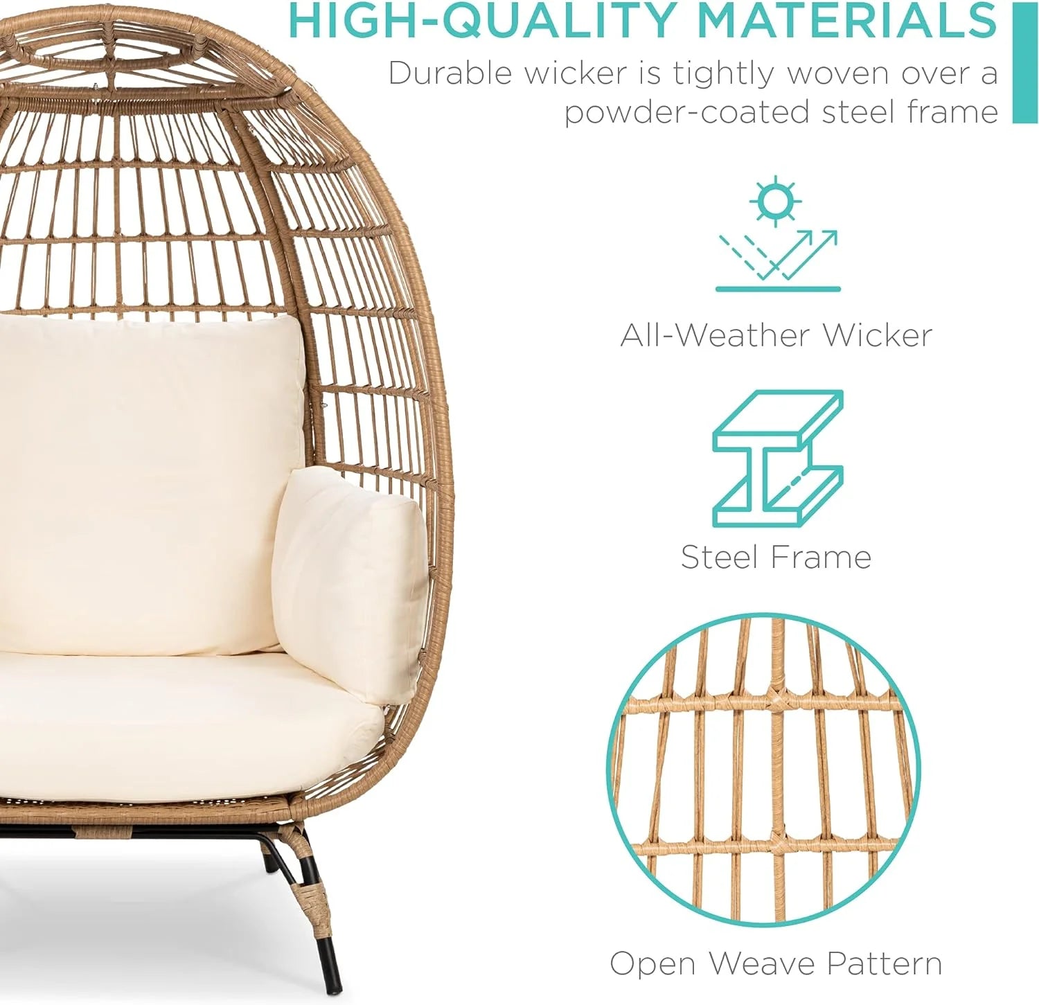Best Choice Products Wicker Egg Chair, Oversized Indoor Outdoor Lounger for Patio, Backyard, Living Room w/ 4 Cushions, Steel Frame, 440lb Capacity - Ivory