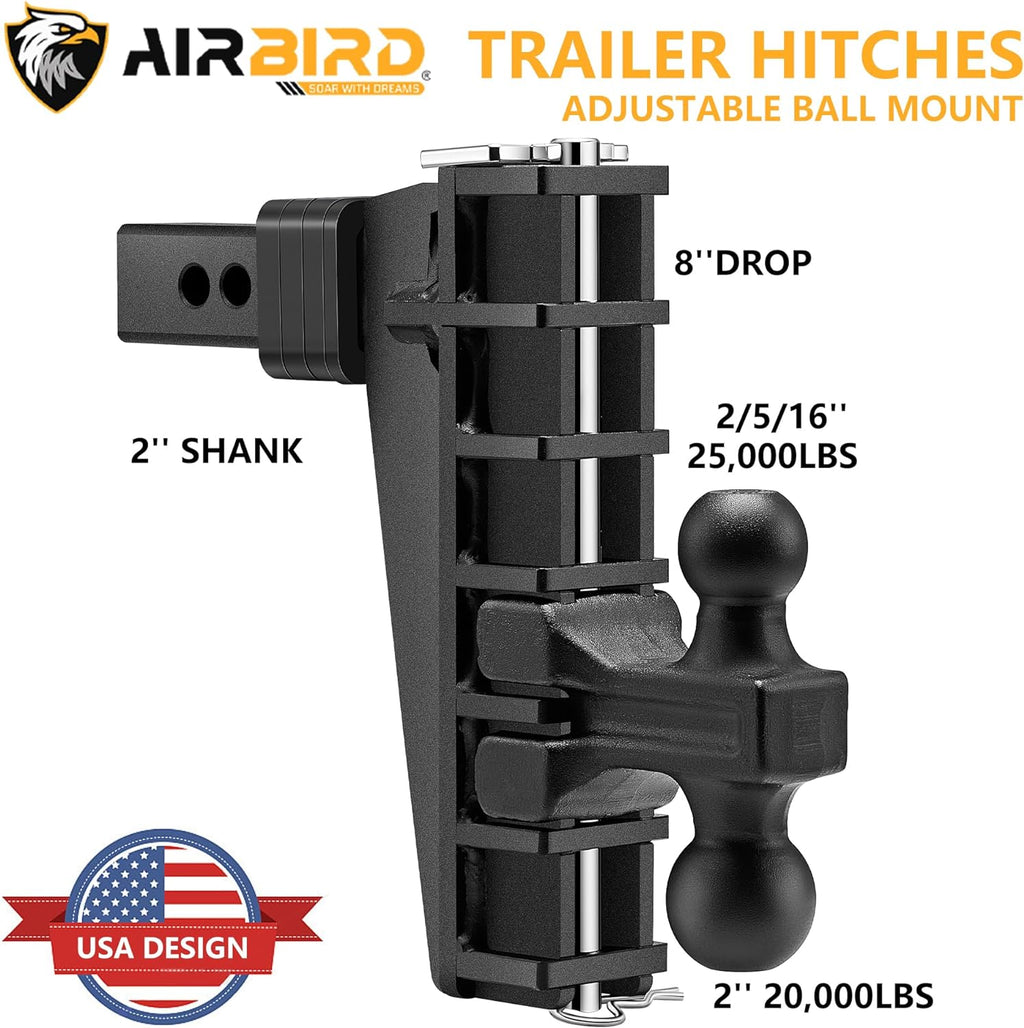 Adjustable Trailer Hitch Fits 2-Inch Receiver, Heavy Duty Tow Hitches (17000 LBS GTW) 6 Inch Drop Truck Hitch Tri-Ball Mount with Hook (1-7/8 x 2 x 2-5/16)