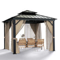 10'x10′ Hardtop Gazebo with double metal roof, aluminum frame, net, and curtain. All-weather, ideal for patio, deck, garden, backyard. Khaki.