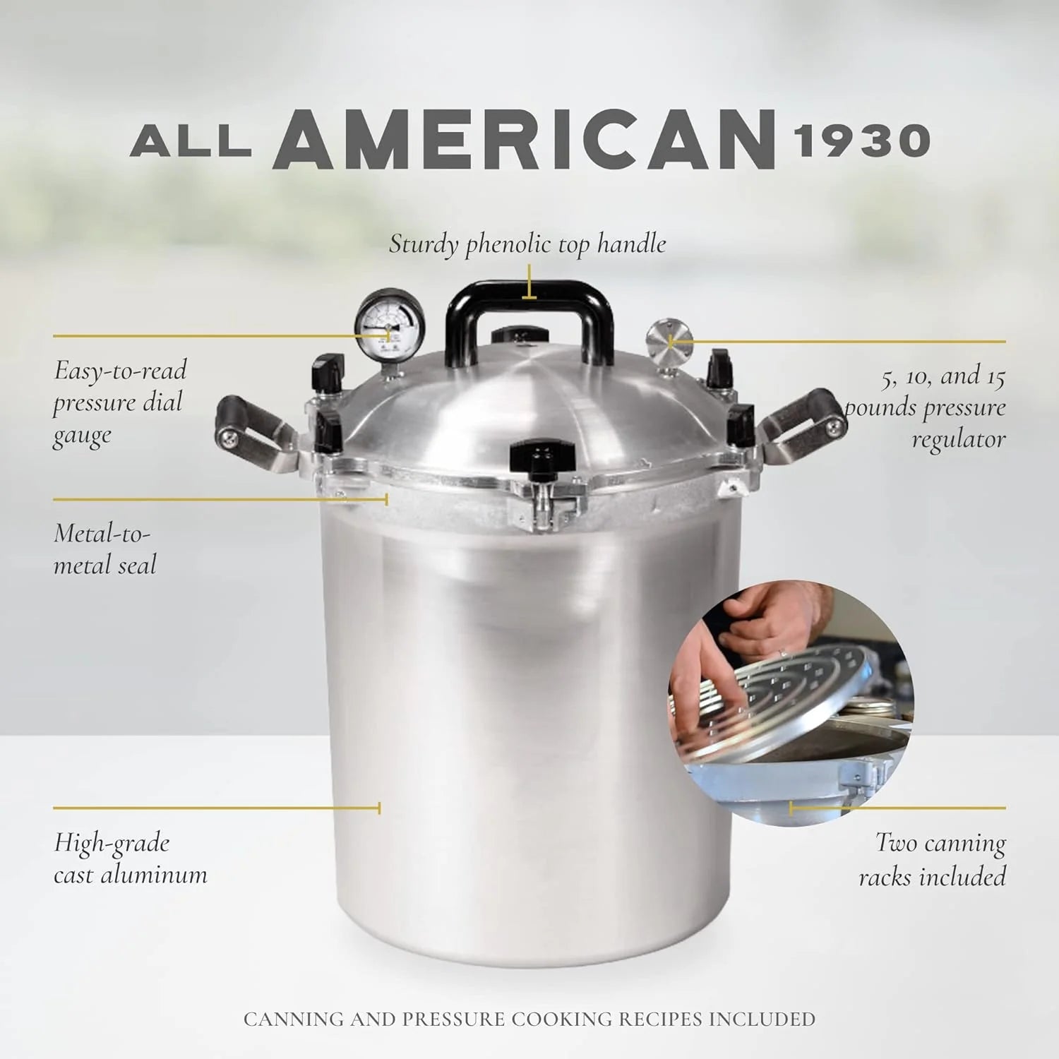 All American 1930: 21.5qt Pressure Cooker/Canner (The 921) – Exclusive Metal to Metal Sealing System – Easy to Open & Close – Suitable for Gas, Electric, or Flat Top Stoves – Made in the USA