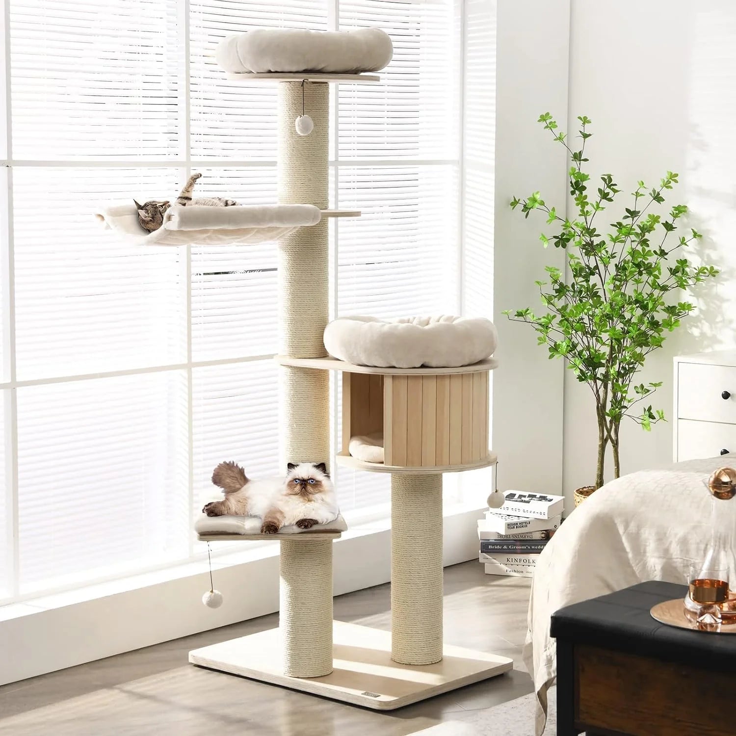 Large cat tree, multi-level tower with sisal posts, hammock, hanging basket and removable washable mats, perfect for large cats