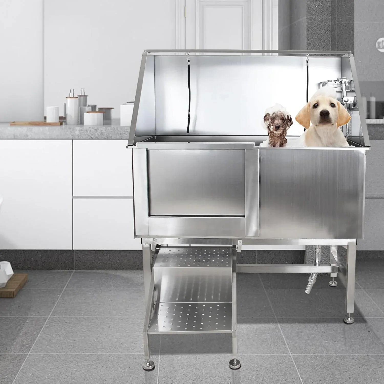 Professional Stainless Steel Dog Grooming Tub with Ramp, Faucet & Sprayer – 50” Pet Wash Station