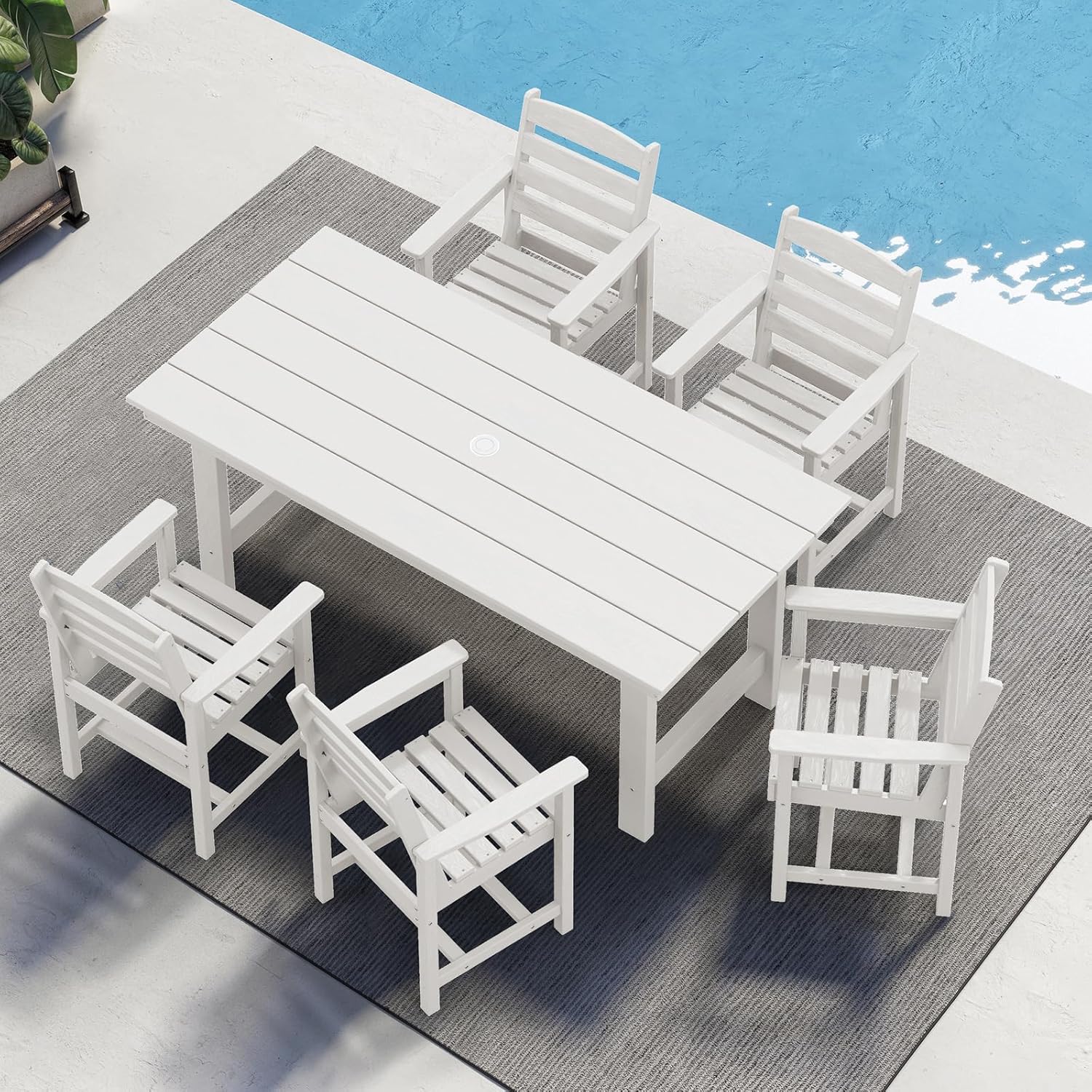 SERWALL 7-Piece Patio Table Set, Outdoor HDPE Dining Furniture with Umbrella Hole, All Weather Table and Chairs for Lawn, Garden, Poolside, Aruba