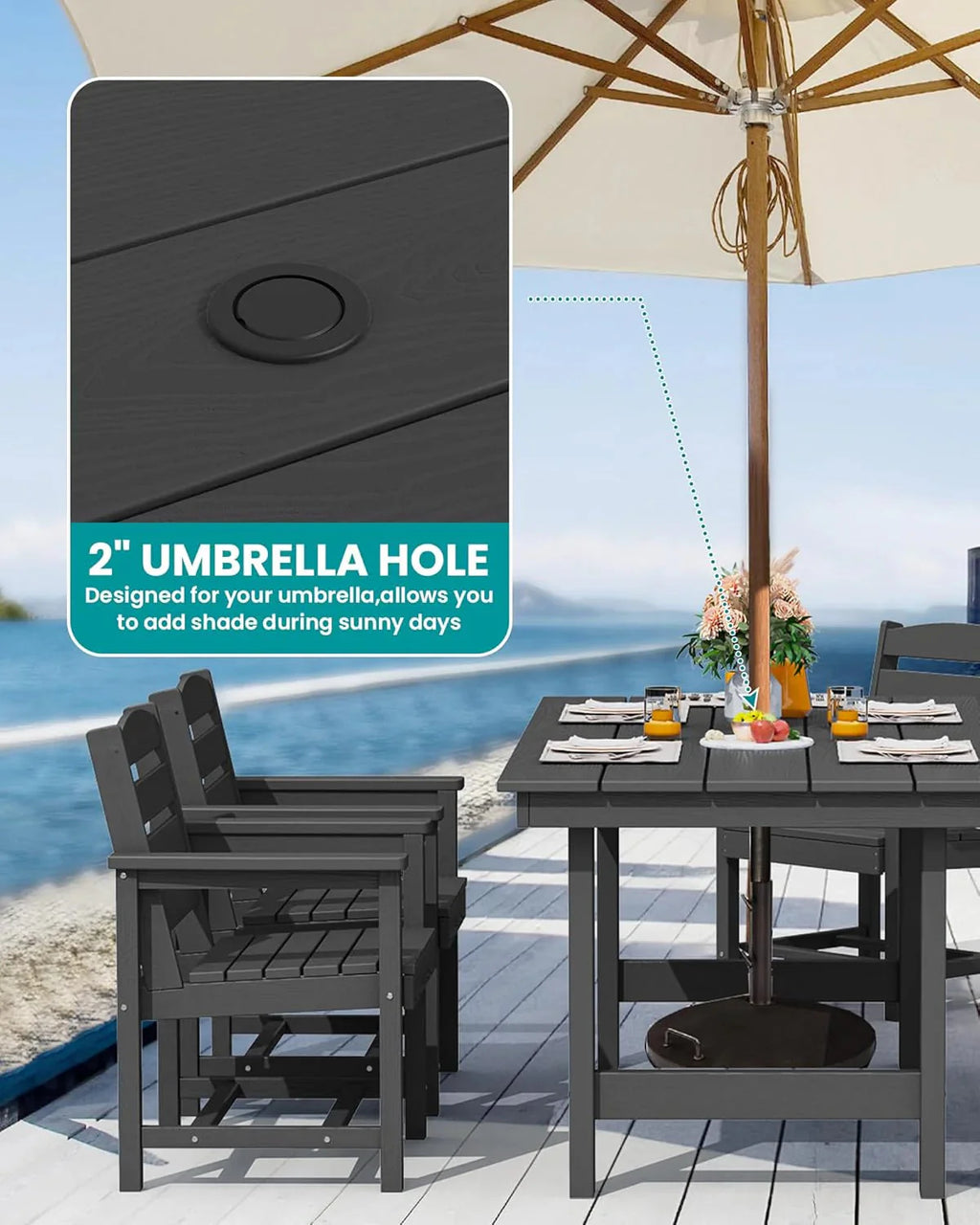 SERWALL 7-Piece Patio Table Set, Outdoor HDPE Dining Furniture with Umbrella Hole, All Weather Table and Chairs for Lawn, Garden, Poolside, Aruba