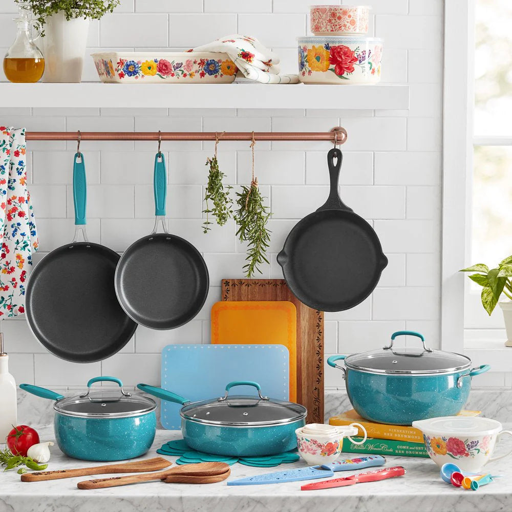 The Pioneer Woman Brilliant Blooms 38-Piece Cookware Set, Teal Complete Kitchen Solution with Floral Design