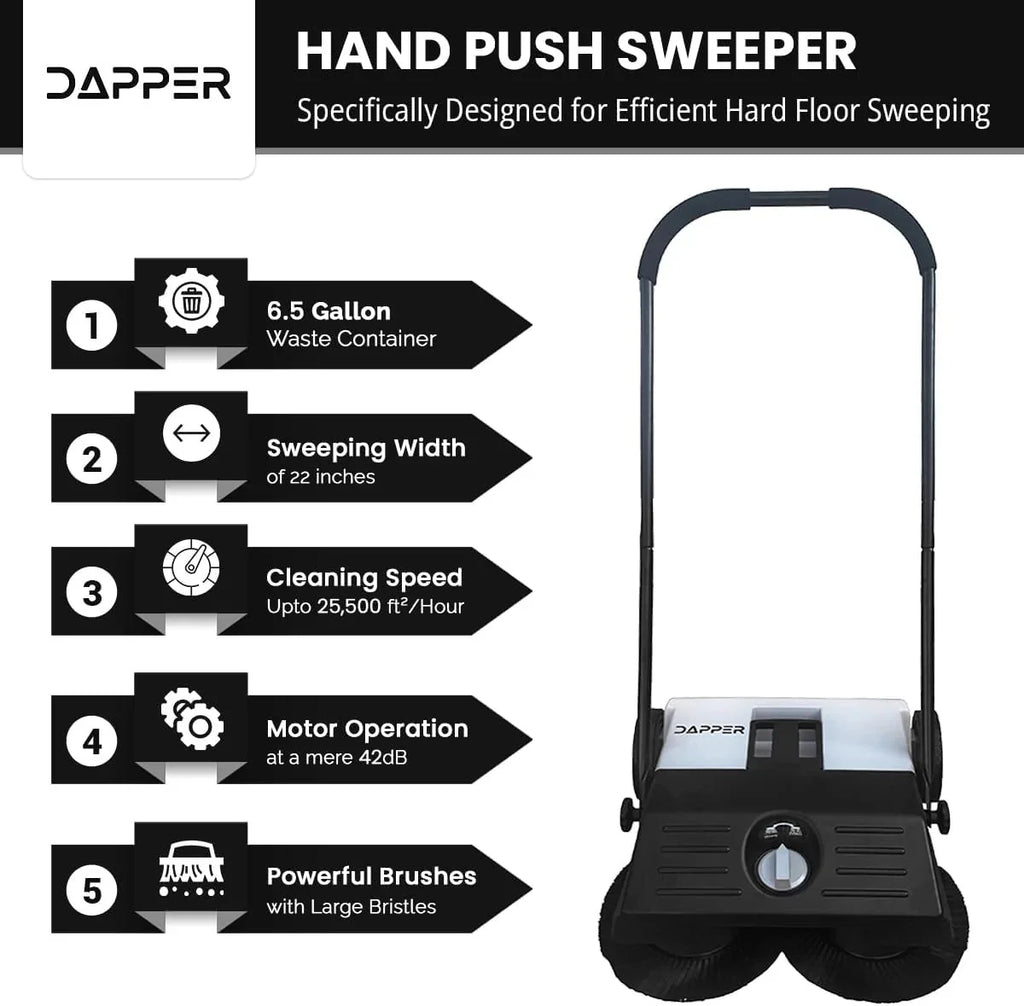 Walk-Behind Outdoor Hand Push Floor Sweeper - 5.25 Gallon Capacity - 25.5 Sweeping Width - Sweeps up to 27,900 ft2 / Hour, Grey