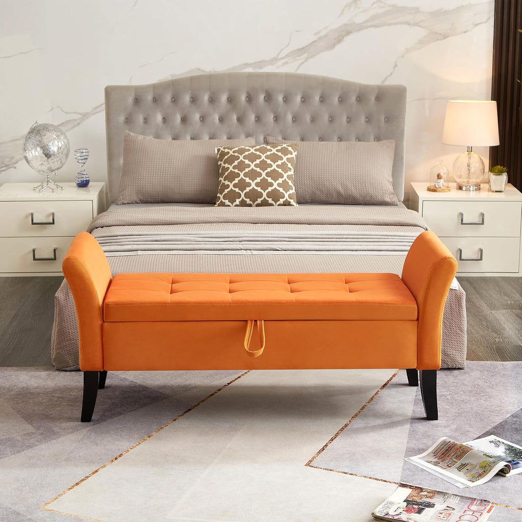 Furniliving Modern Storage Ottoman Bench, Sherpa Ottoman End of Bed Bench with Solid Wood Legs Upholstered Ottoman Benches with Storage Indoor Bench for Living Room with Rolled Arm, Entryway, White