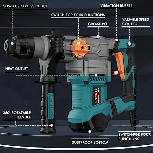 GLORITY Heavy Duty Rotary Hammer Drill with Aluminum Alloy Housing, 5 Drill Bits