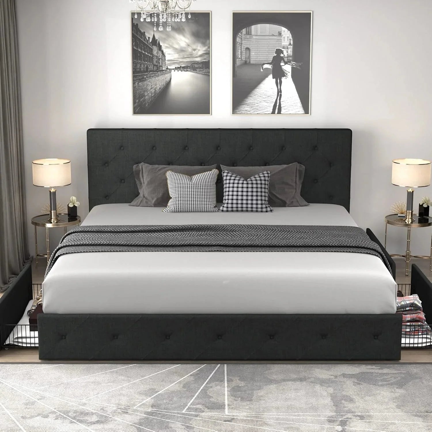 Allewie Upholstered Queen Size Platform Bed Frame with 4 Storage Drawers and Headboard, Square Stitched Button Tufted, Mattress Foundation with Wooden Slats Support, No Box Spring Needed, Light Grey