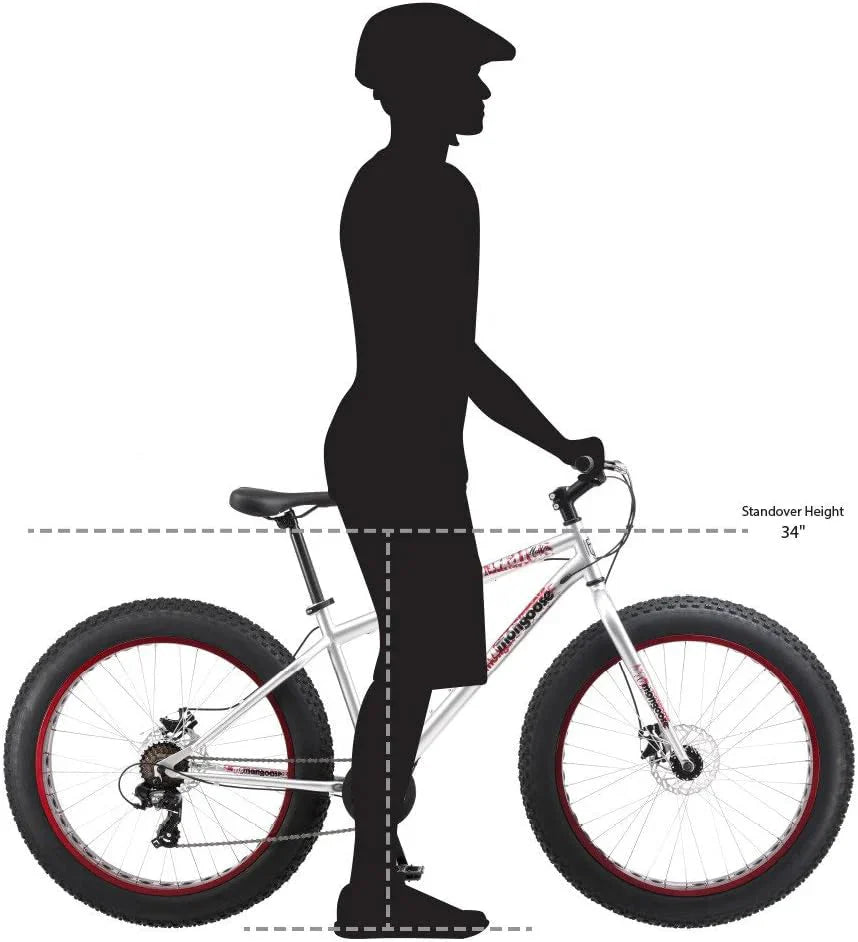 Malus Mens and Women Fat Tire Mountain Bike, 26-Inch Bicycle Wheels, 4-Inch Wide Knobby Tires, Steel Frame, 7 Speed Drivetrain, Shimano Rear Derailleur, Disc Brakes