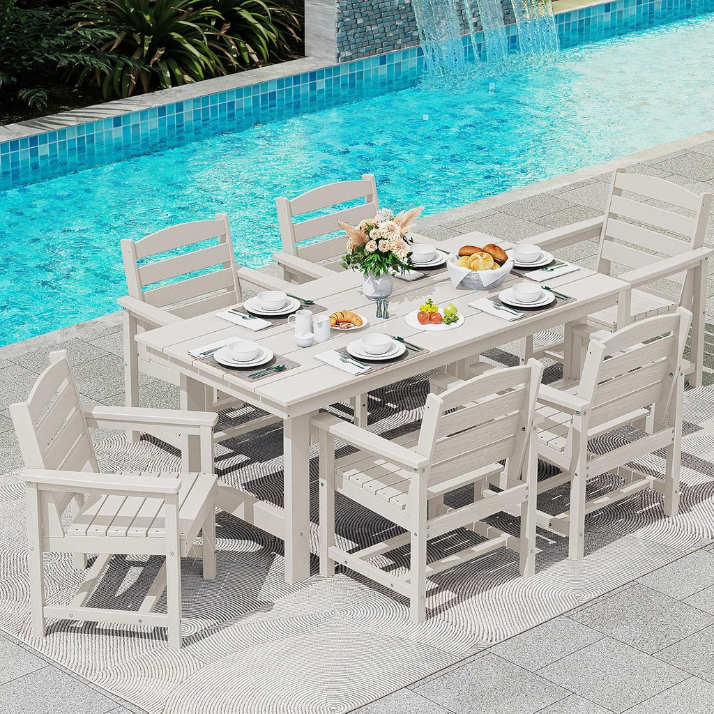 SERWALL 7-Piece Patio Table Set, Outdoor HDPE Dining Furniture with Umbrella Hole, All Weather Table and Chairs for Lawn, Garden, Poolside, Aruba