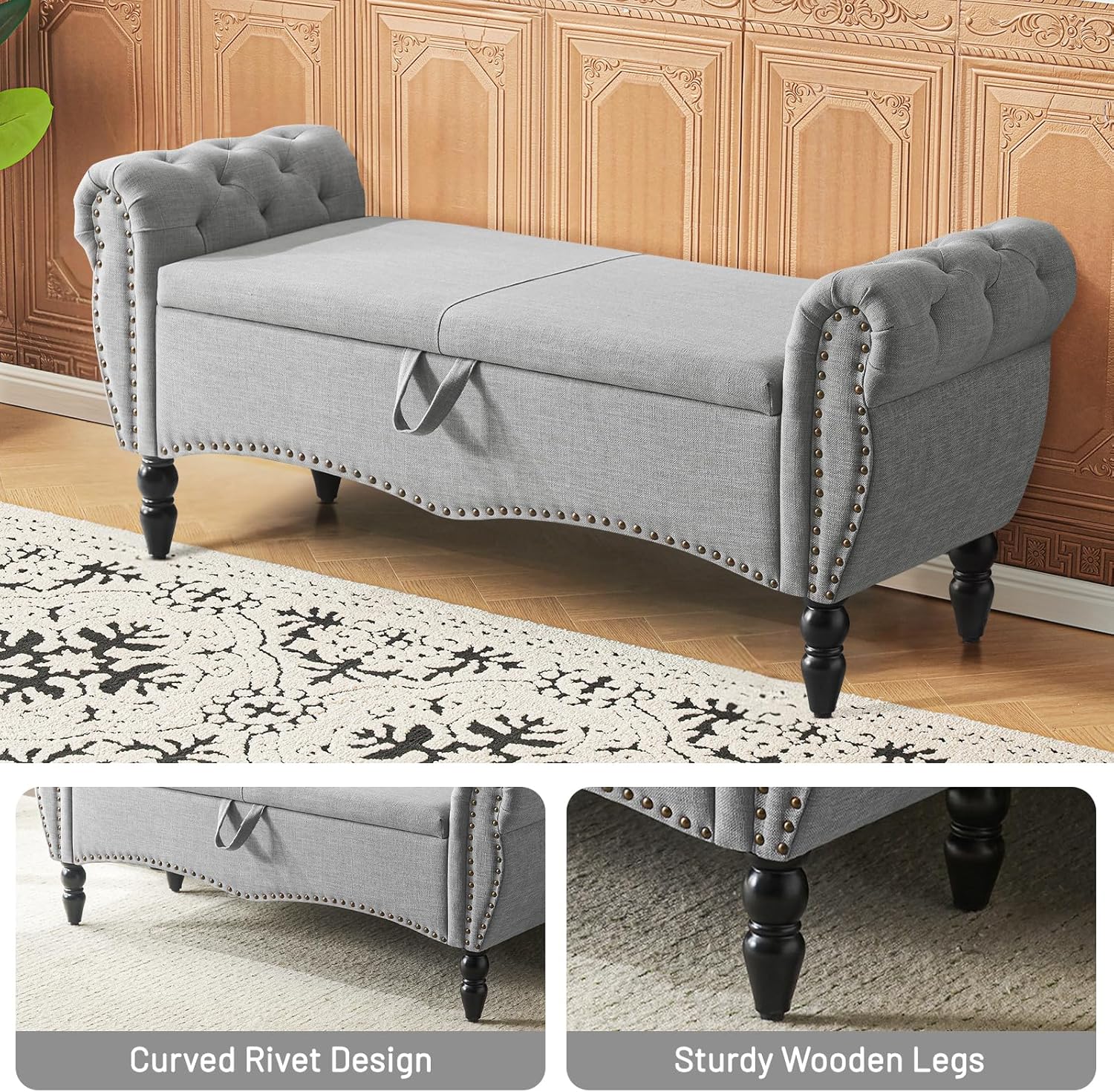 Furniliving Modern Storage Ottoman Bench, Sherpa Ottoman End of Bed Bench with Solid Wood Legs Upholstered Ottoman Benches with Storage Indoor Bench for Living Room with Rolled Arm, Entryway, White