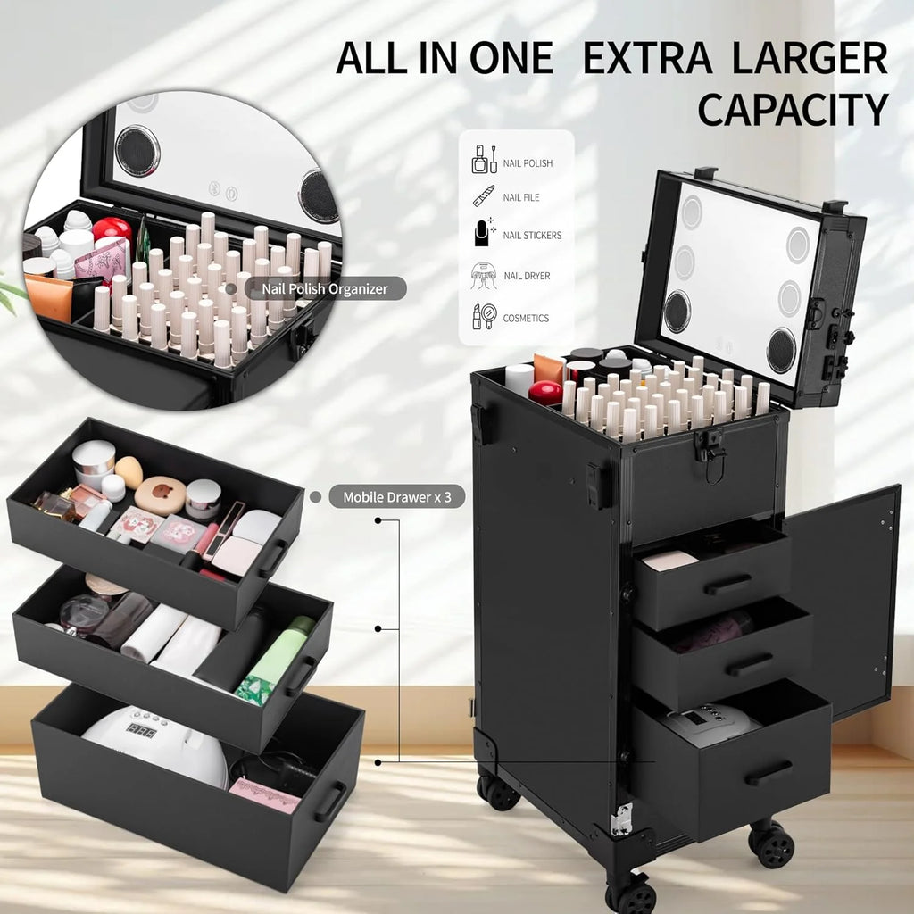 Rolling Manicure Table with Drawers, Bluetooth Speaker, LED Mirror, TSA Lock