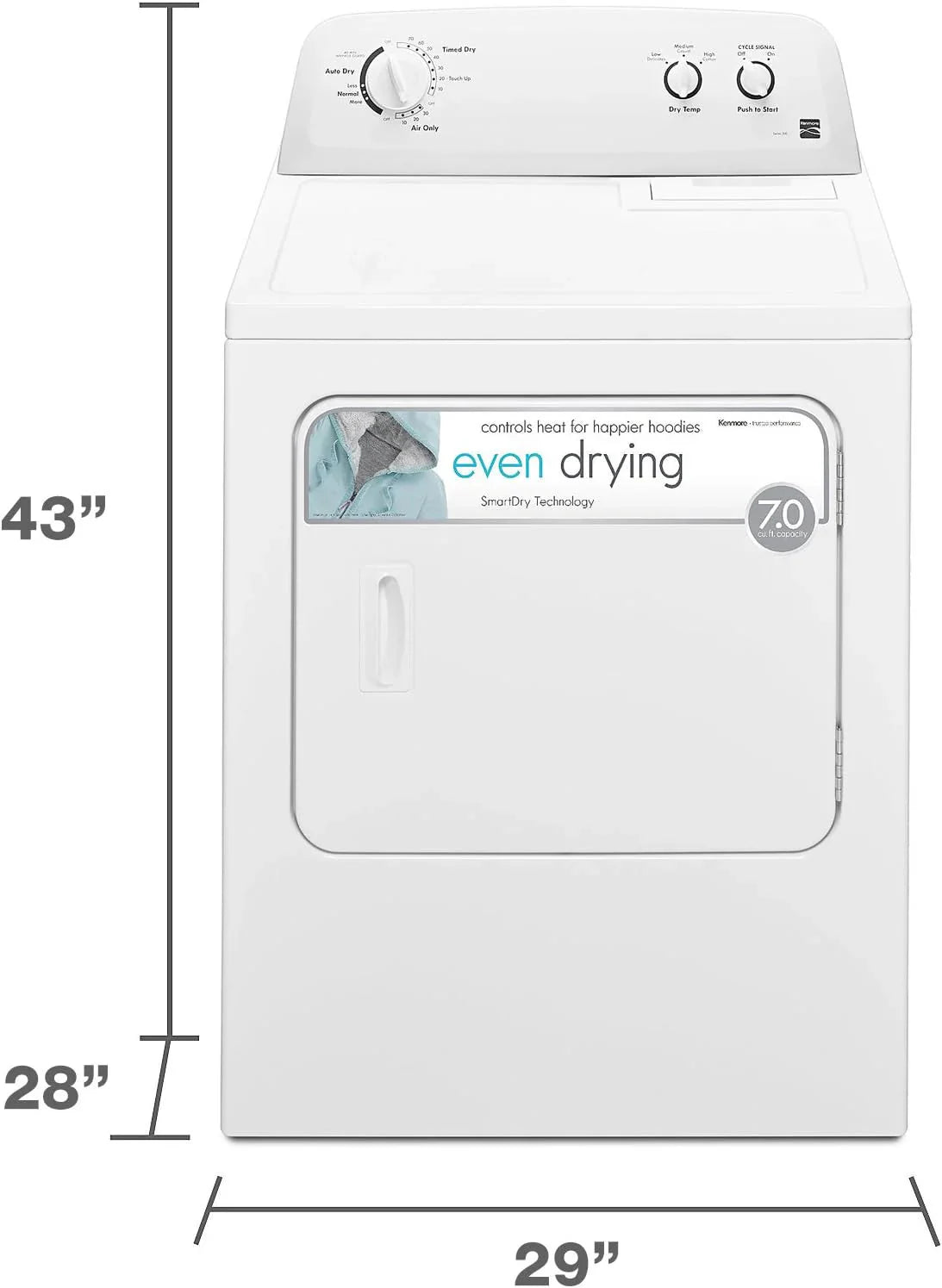 Kenmore 29′′ Front Load Electric Dryer with Wrinkle Guard and 7.0 Cubic Ft. Total Capacity, White