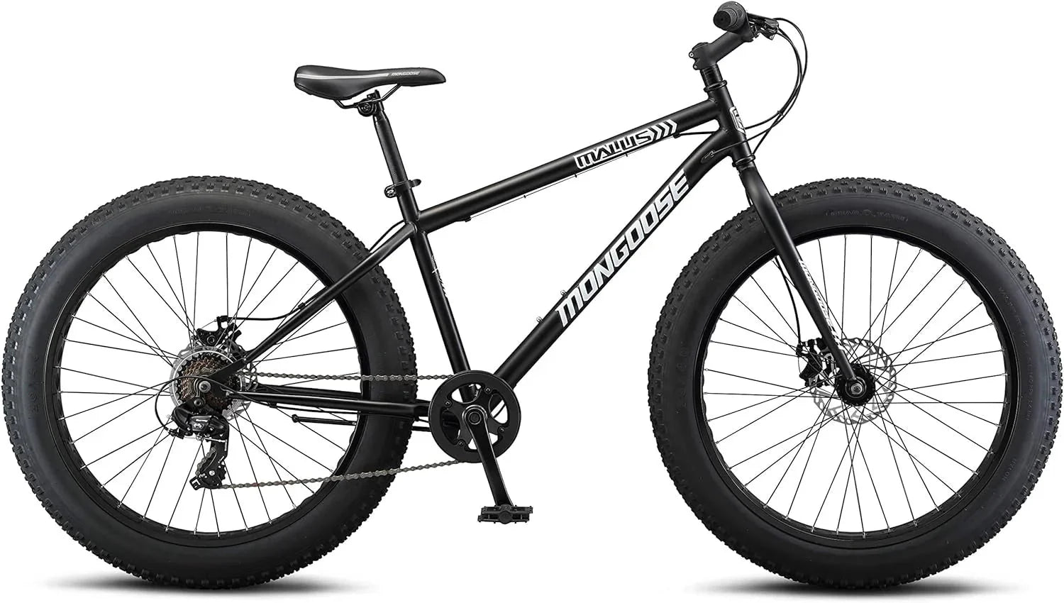 Malus Mens and Women Fat Tire Mountain Bike, 26-Inch Bicycle Wheels, 4-Inch Wide Knobby Tires, Steel Frame, 7 Speed Drivetrain, Shimano Rear Derailleur, Disc Brakes