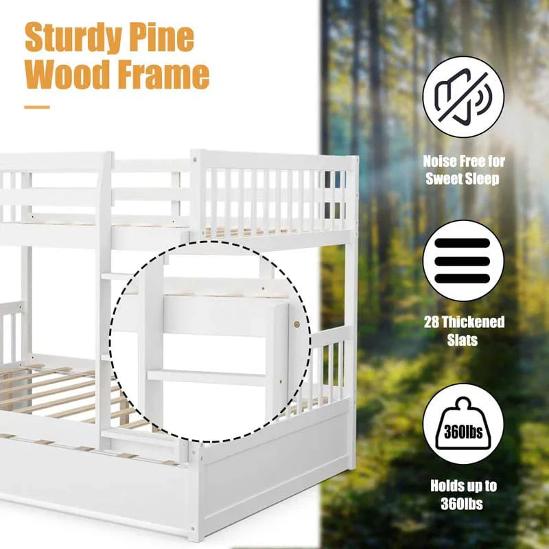 Solid Wood Full Over Full Bunk Bed Frame With Trundle Safety Ladder Amp Guardrails Convertible Bunk Bed For Kids Teens