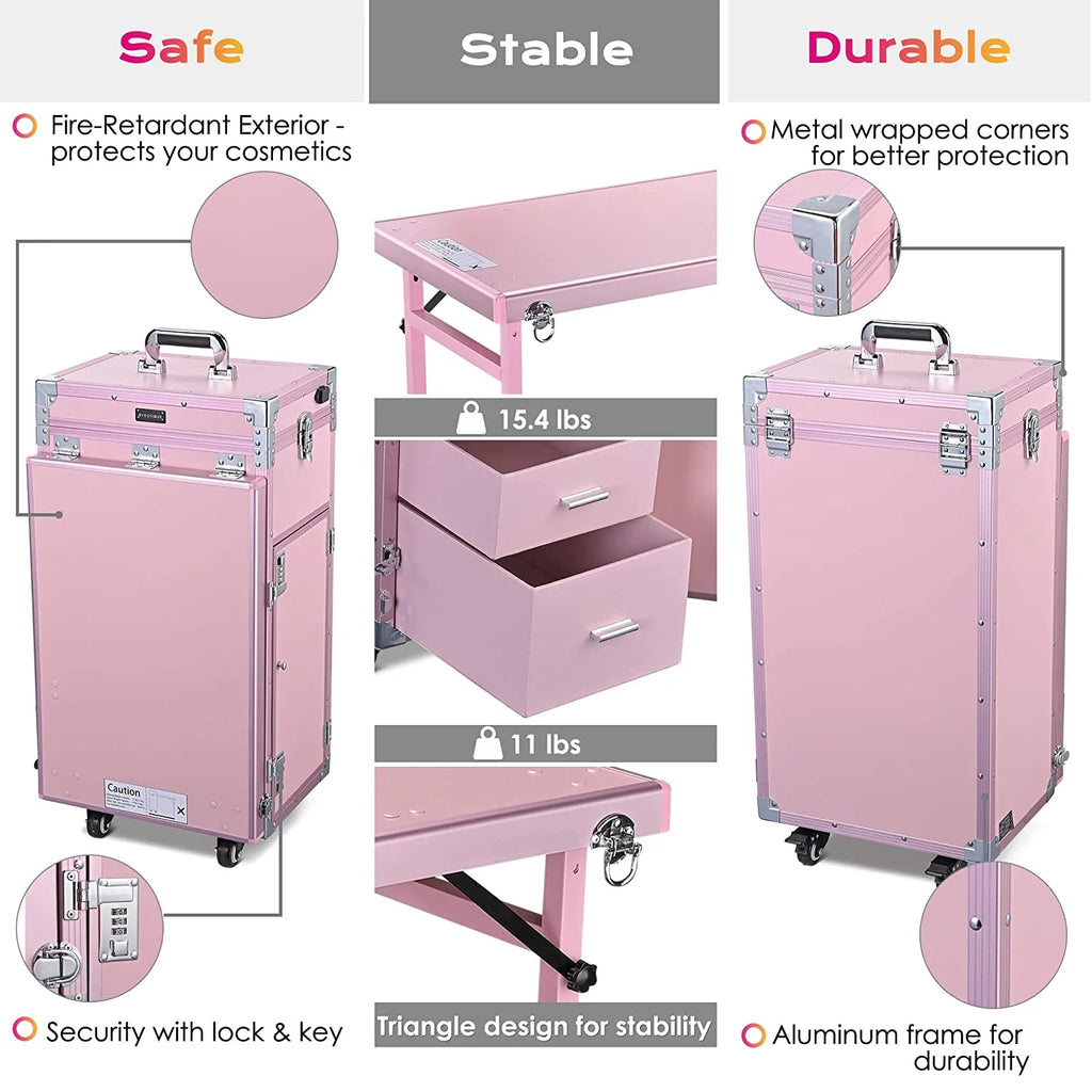 Byootique Portable Nail Desk & Makeup Station with Mirror, 4 Drawers, Bluetooth, USB, Pink