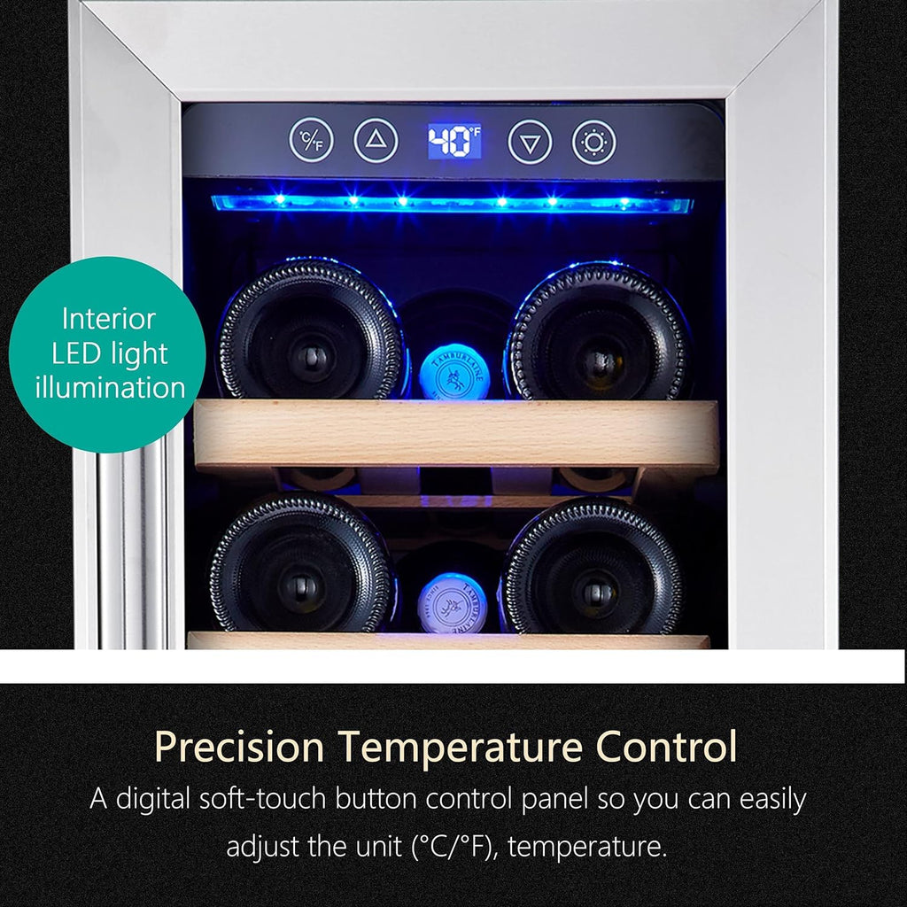 24 inch Wine Cooler, 46 Bottle - Dual Zone Built-in or Freestanding Fridge with Stainless Steel Reversible Glass Door, for Home, Kitchen, or Office.