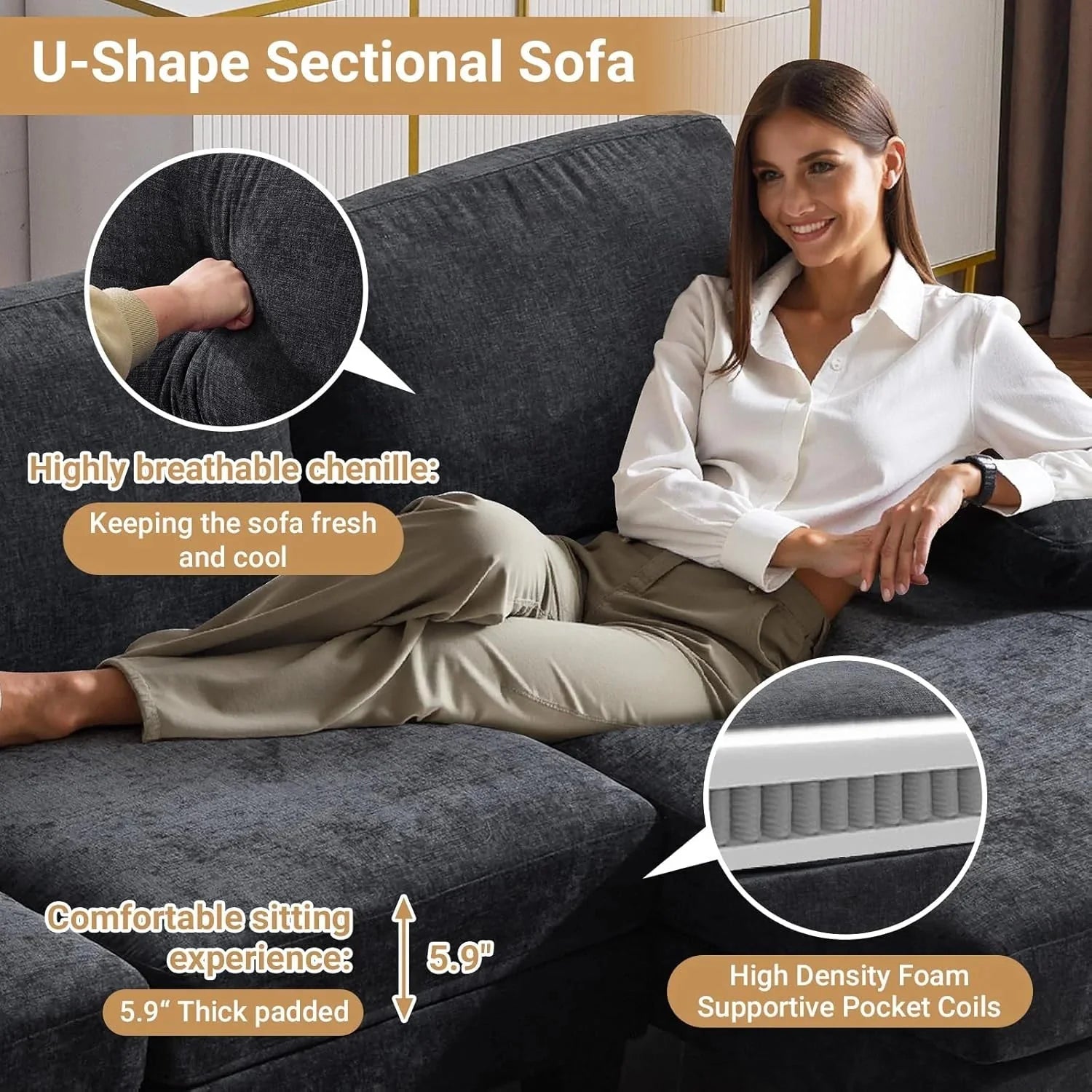 VINGLI 110 Sectional Couches for Living Room,U Shaped Couch with Double Chaise, 4-Seat Sofa Set with Chenille Fabric for Home Furniture,Beige