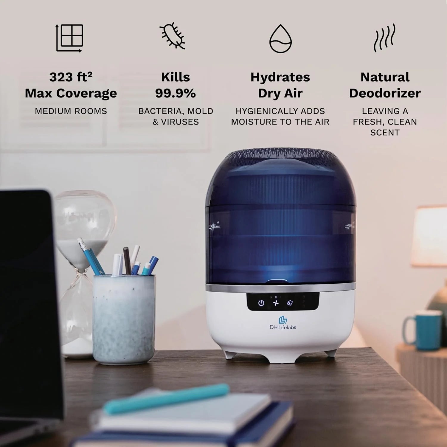 Bedroom Evaporative Humidifier, Humidifier and Air Purifier in One, with HOCL Generator, Mildew Remover, Pet Smoking Odor Eliminator, 538 Square Feet, Blue