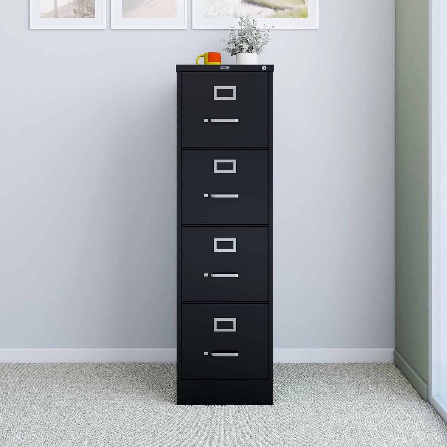 STAPLES 4-Drawer File Cabinet, Lockable, Black, 25D x 15W