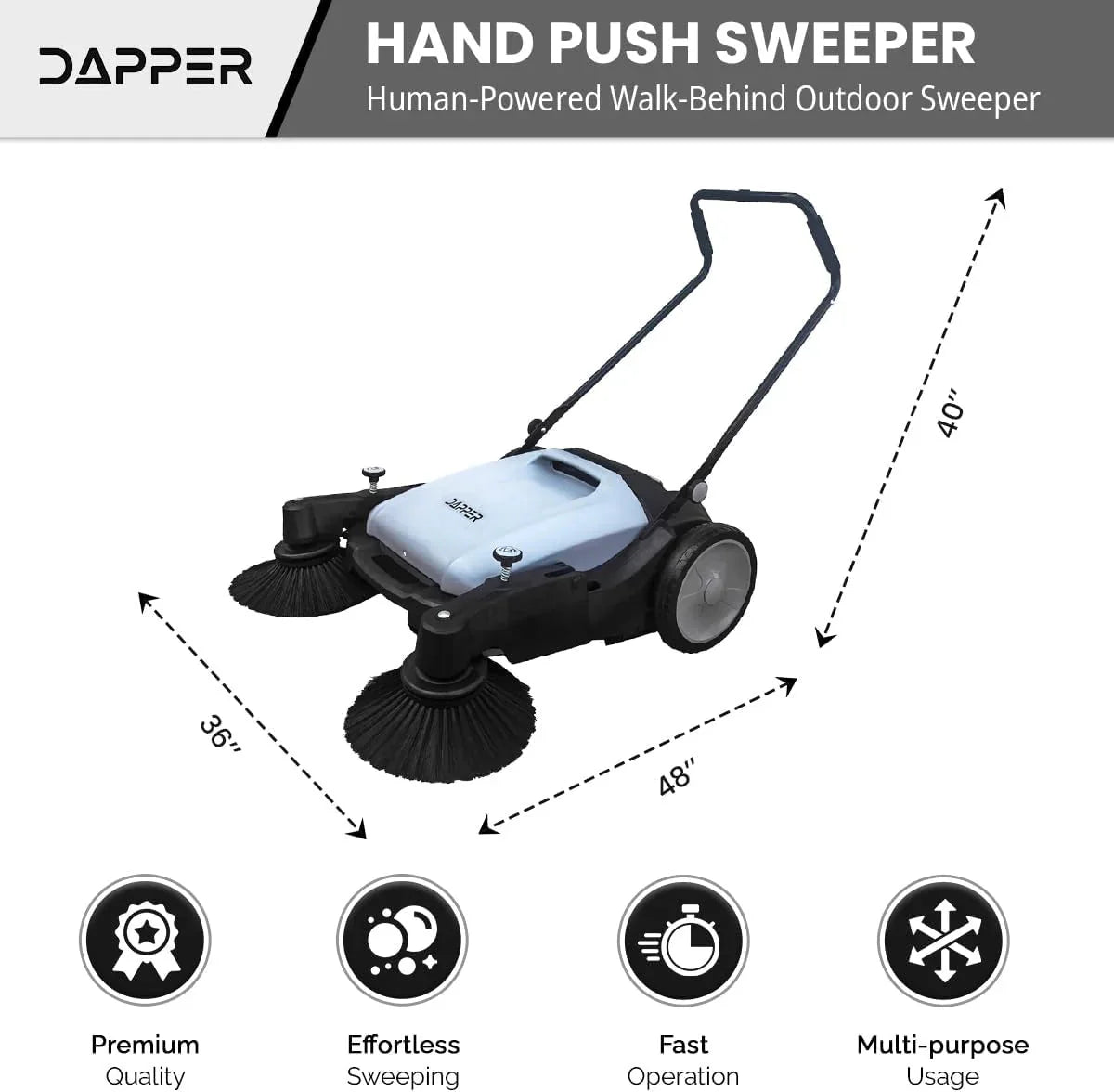 Walk-Behind Outdoor Hand Push Floor Sweeper - 5.25 Gallon Capacity - 25.5 Sweeping Width - Sweeps up to 27,900 ft2 / Hour, Grey