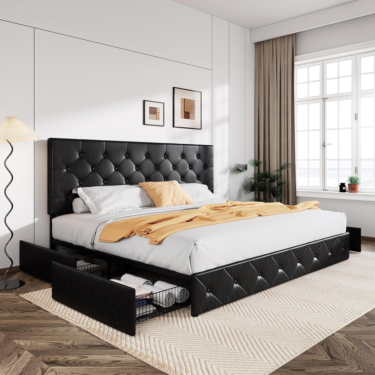 Allewie Upholstered Queen Size Platform Bed Frame with 4 Storage Drawers and Headboard, Square Stitched Button Tufted, Mattress Foundation with Wooden Slats Support, No Box Spring Needed, Light Grey