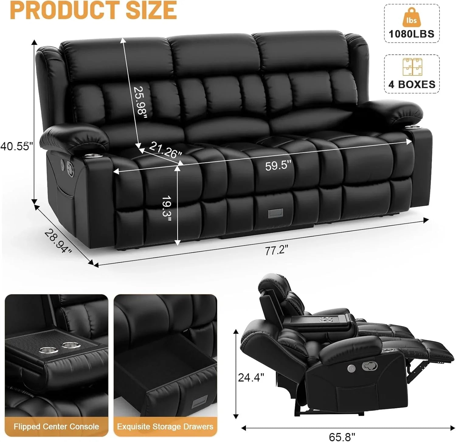 3 Seat Reclining Sofa with Storage Drawer USB Ports & Cup Holders Manual Couch