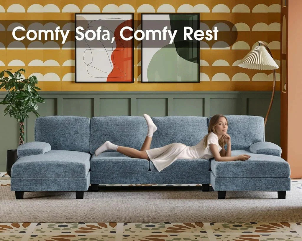 Furmax Sectional Couches for Living Room, U-Shaped Sofa Couch with Linen Fabric, 4 Seat Sofa Set with Double Chaise for Apartment (Fabric, Grey)