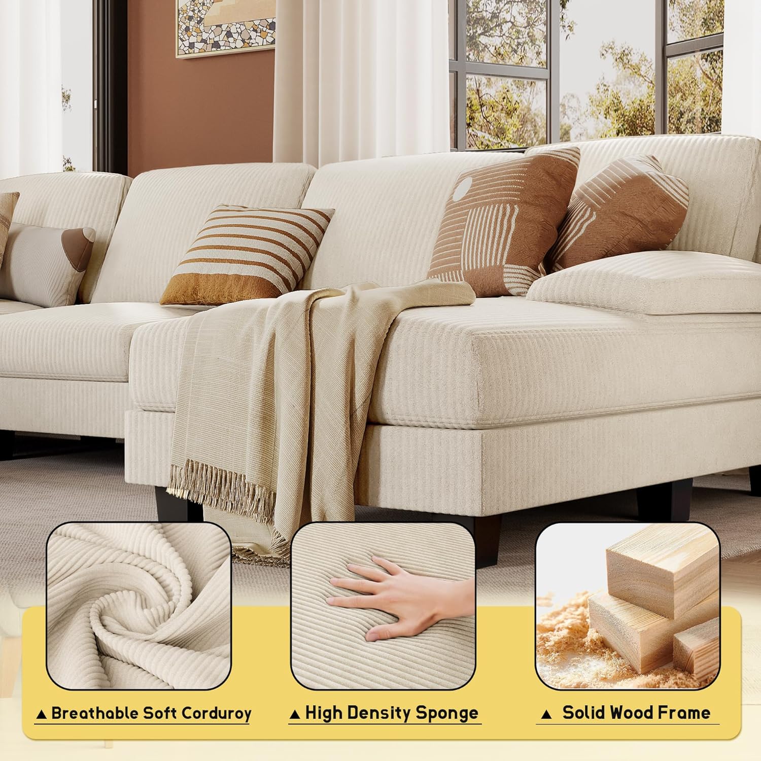 JUMMICO Sectional Couches for Living Room, U Shaped Couch with Chenille Fabric, 4 Seat Modern Sofa with Removable Pillows for Apartment and Small Space (Fabric, Grey)