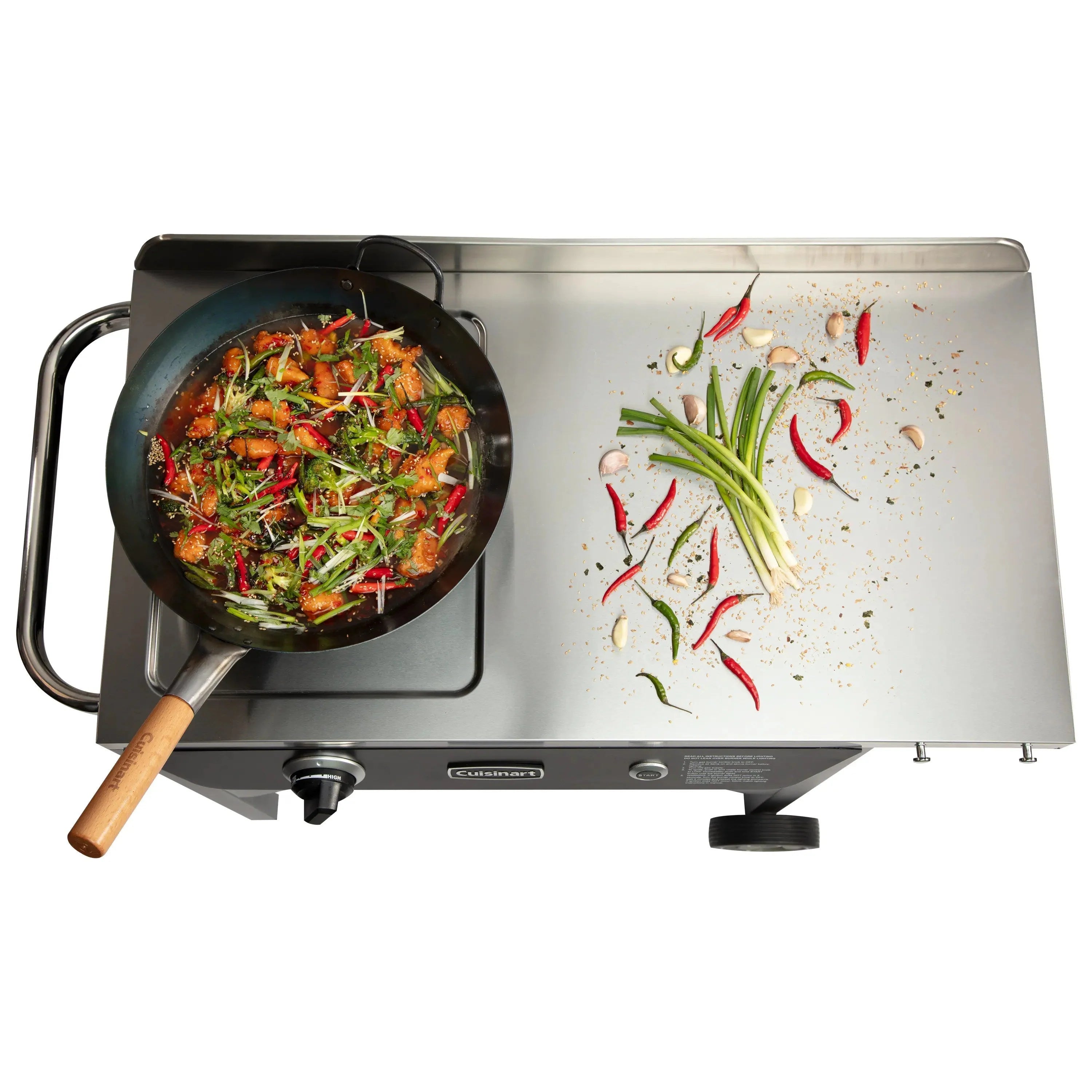 Cuisinart Outdoor Wok Station, 50,000 BTU Propane Outdoor Wok Burner w Prep Table, 14?测?? Carbon Steel Wok for Stir Fry, Searing, BBQ ?? Black