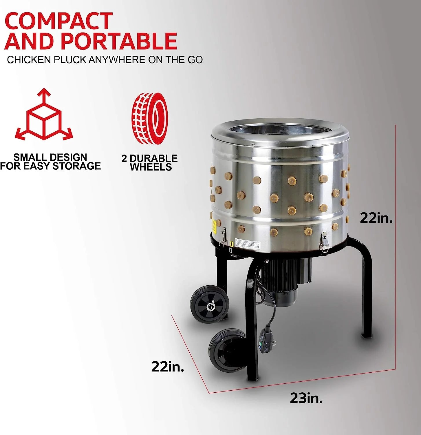 Kitchener Chicken Plucker De-Feather Remover Poultry and Fowl Food Processor Electric Stainless Steel Heavy Duty 1HP 120VAC 280RPM GFCI Connector 92 Soft Fingers 20 Drum Diameter