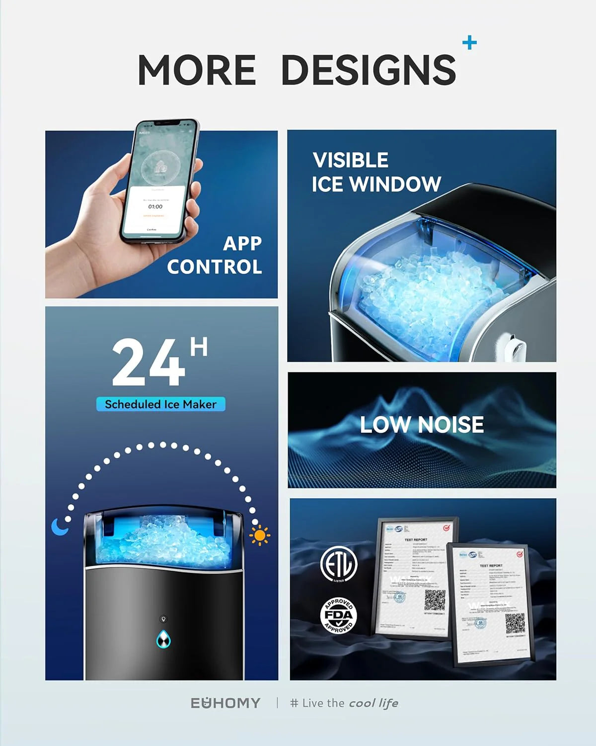 EUHOMY Smart Nugget Ice Maker, 40lbs/Day, APP Control, Countertop