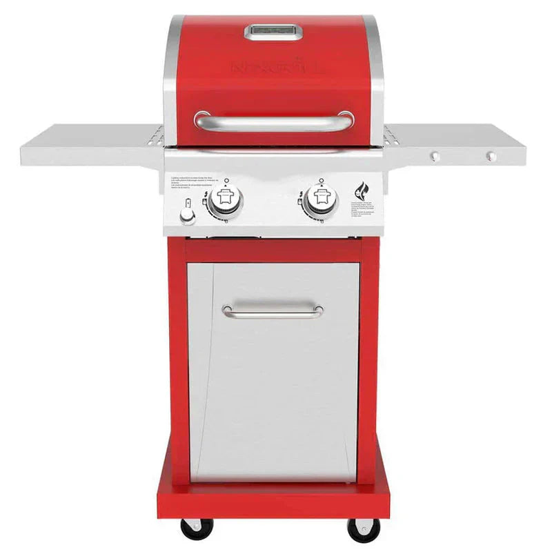 2-Burner Propane Gas Grill, Red ?? Stainless Steel, 28,000 BTUs, Compact Design