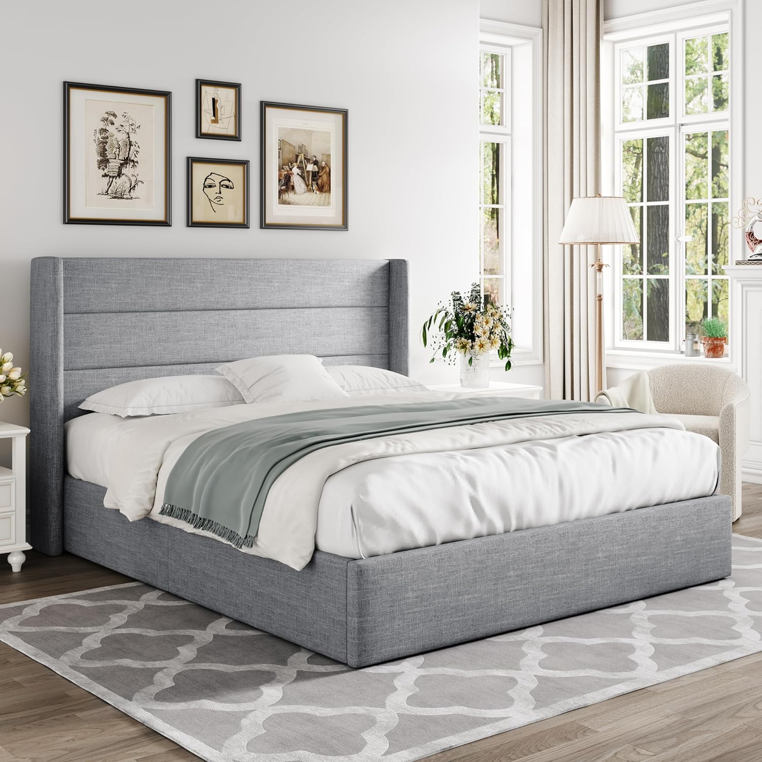 Allewie Queen Size Lift Up Storage Bed, Modern Wingback Headboard, Hydraulic Support, No Box Spring Needed, Light Beige