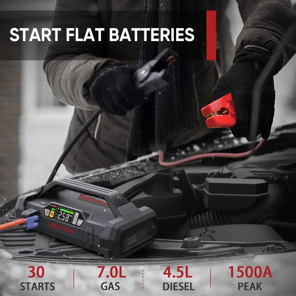 Starter with Air Compressor, 1500Amp 12V Portable Car Battery Booster Pack for Upto 7.0L Gas or 4.5L Diesel, 150 PSI Tire Inflator with Digital Screen, 24 Months Ultra-Long Standby
