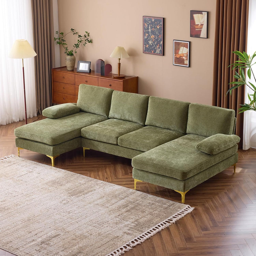 VINGLI 110 Sectional Couches for Living Room,U Shaped Couch with Double Chaise, 4-Seat Sofa Set with Chenille Fabric for Home Furniture,Beige