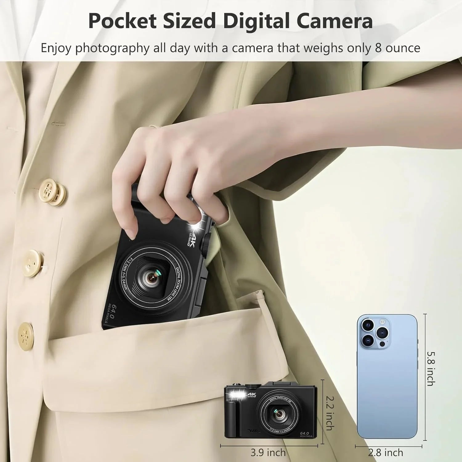 4K Digital Camera for Photography, 64MP Vlogging Camera for YouTube with 3 180° Flip Screen, 18X Digital Zoom Point and Shoot Camara with 32GB Micro SD Card for Beginner (Black)
