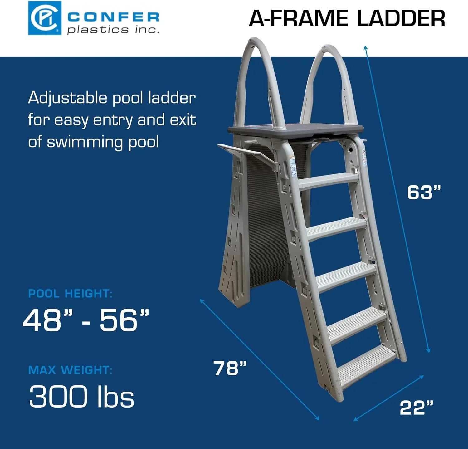 Confer Plastics 7200 Roll Guard 48 to 56 Adjustable A Frame Safety Ladder for Above Ground Outdoor Patio Swimming Pool Platform Ladder with Step Barrier, Warm Grey…