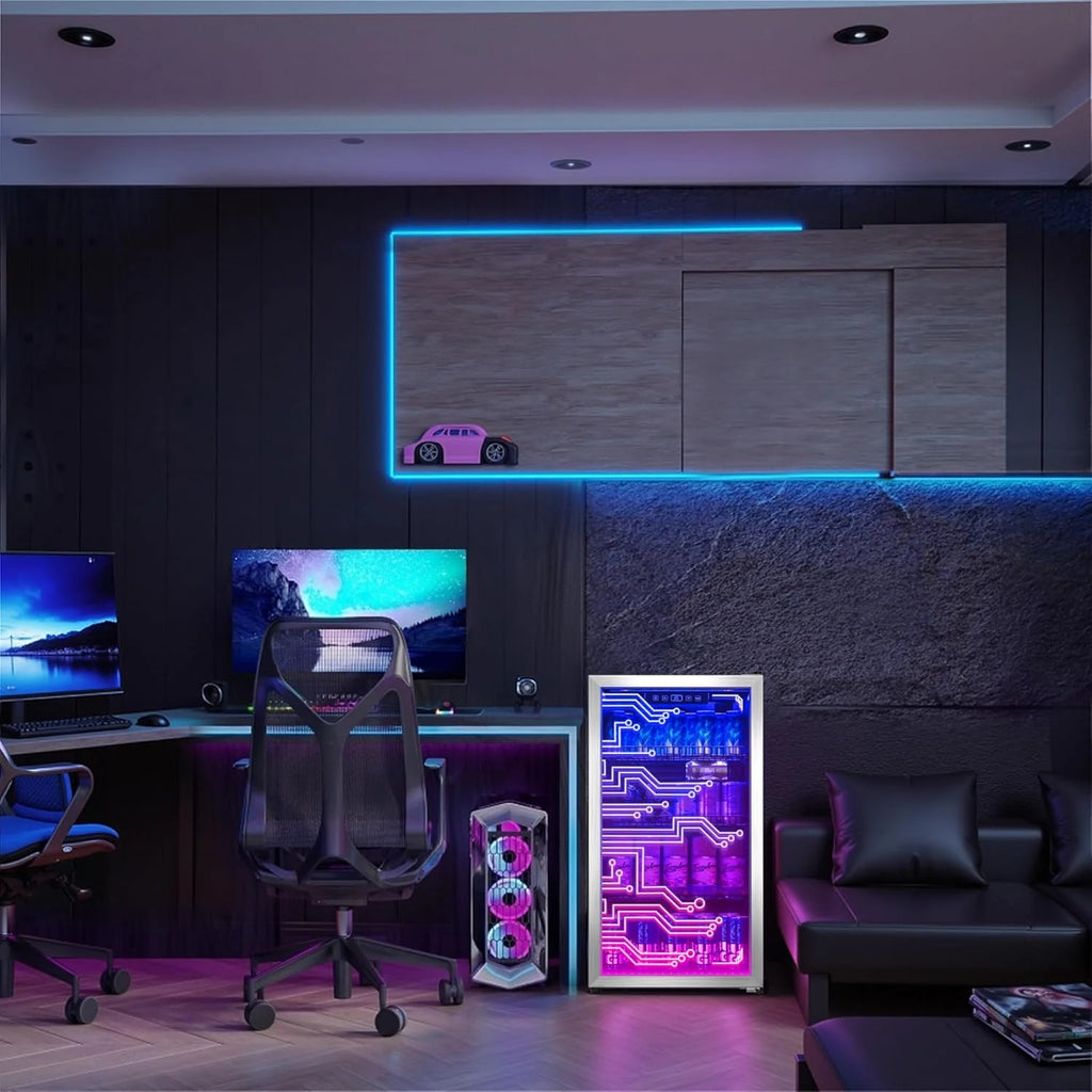Gaming LED Beverage Refrigerator, 120 Cans, Cyberpunk Style